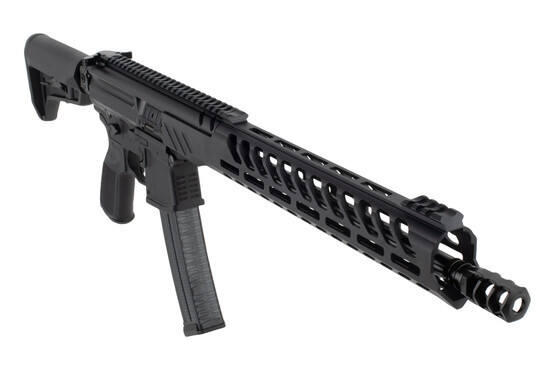 SIG MPX pistol caliber carbine in black features a large 3 chamber muzzle brake